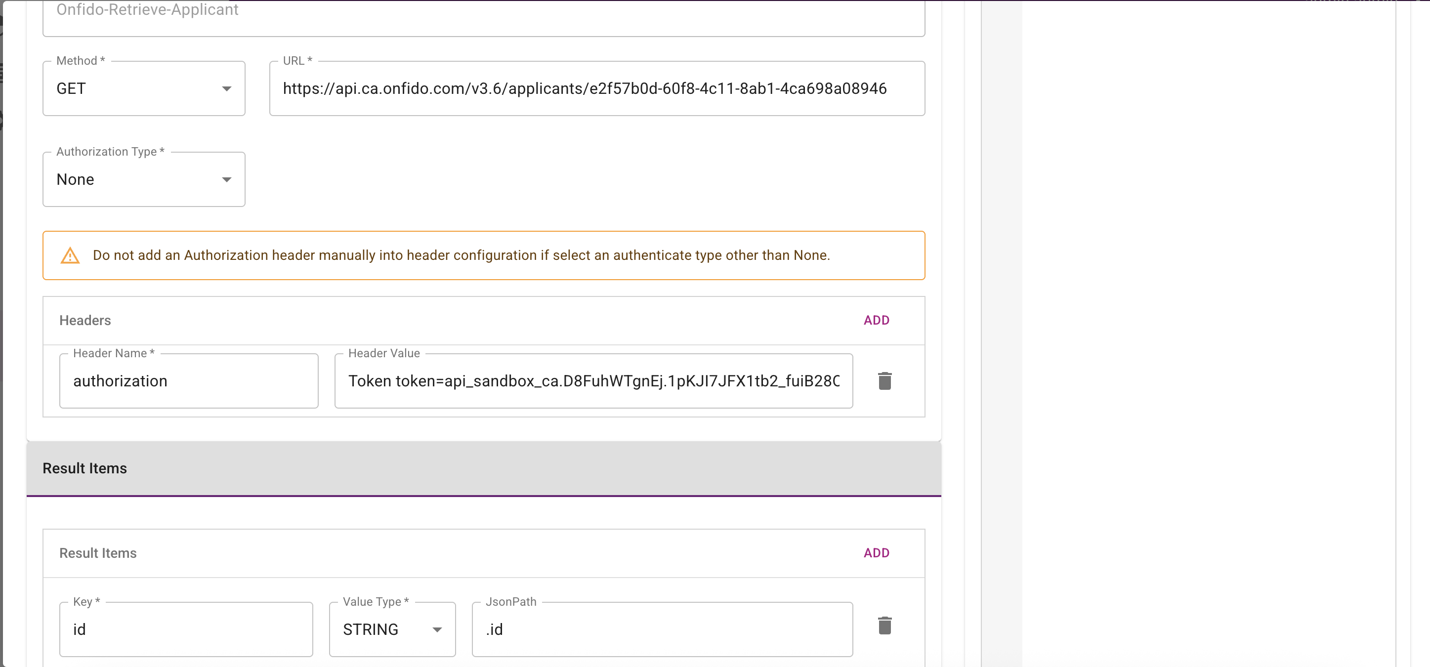 Authenticate Connector configuration showing the Entrust IDV get applicant API and result items