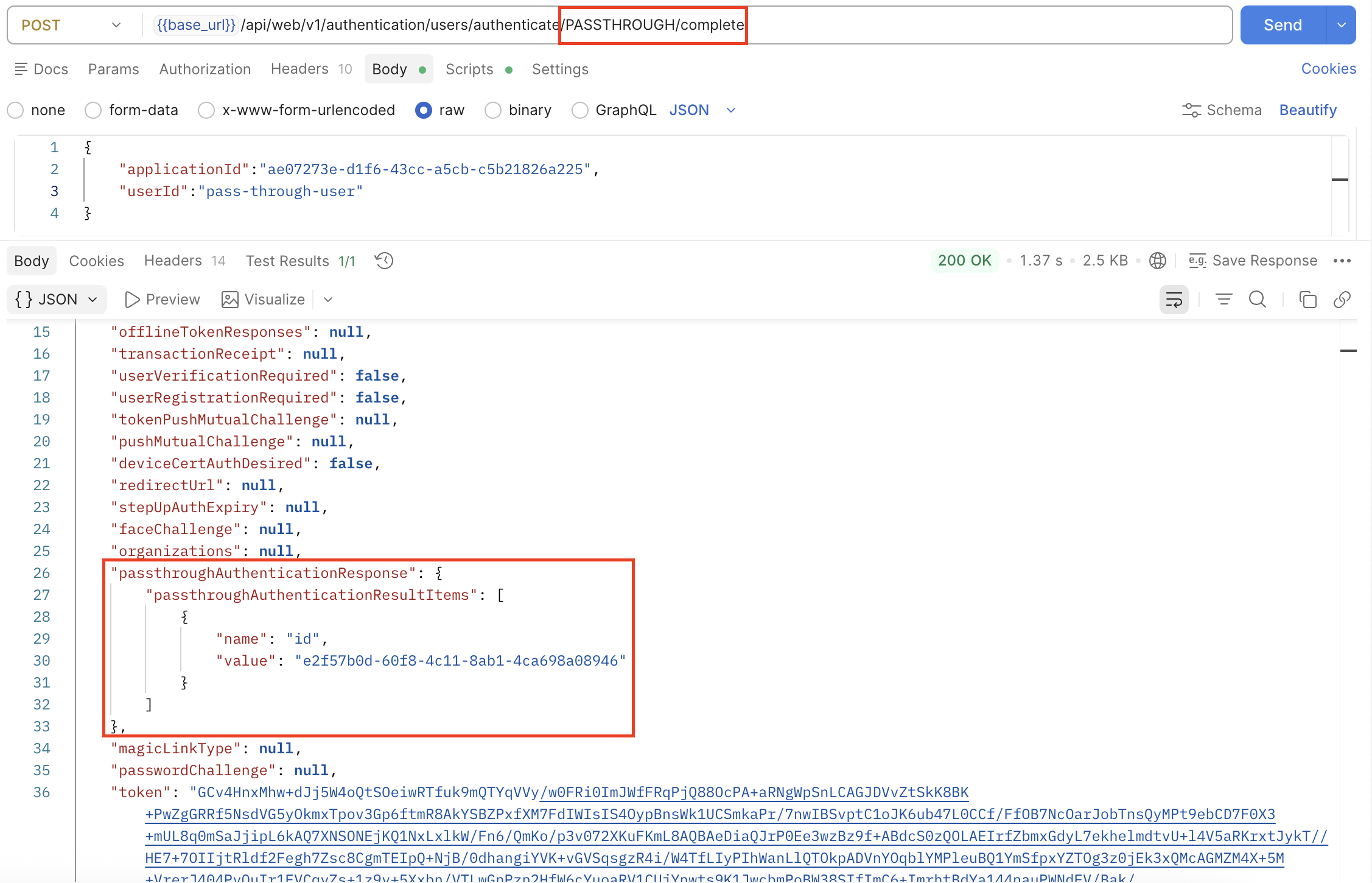 User Authenticate API response showing PassthroughAuthenticationResponse with PassthroughAuthenticationResultItems