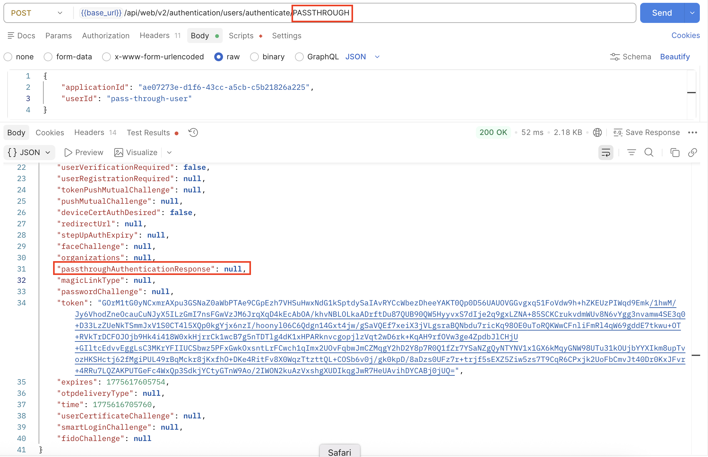 User Challenge API response with a null PassthroughAuthenticationResponse value