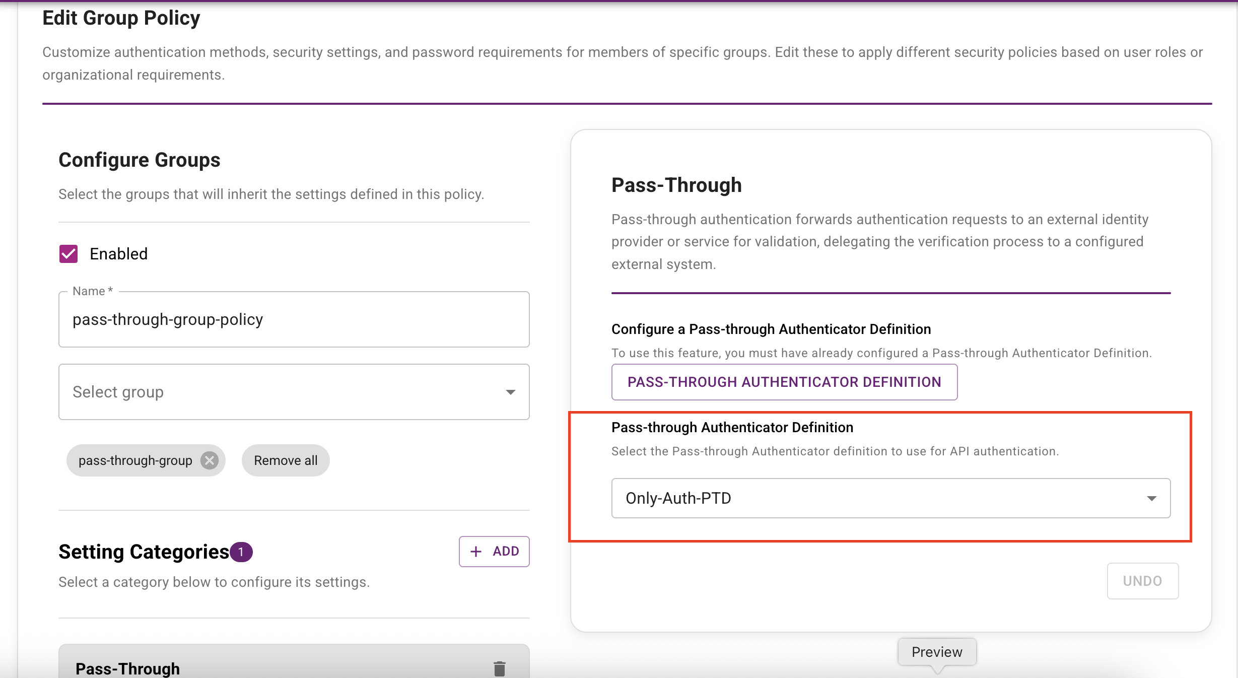 Group policy pass-through-group-policy configured with the Only-Auth-PTD pass-through authentication definition