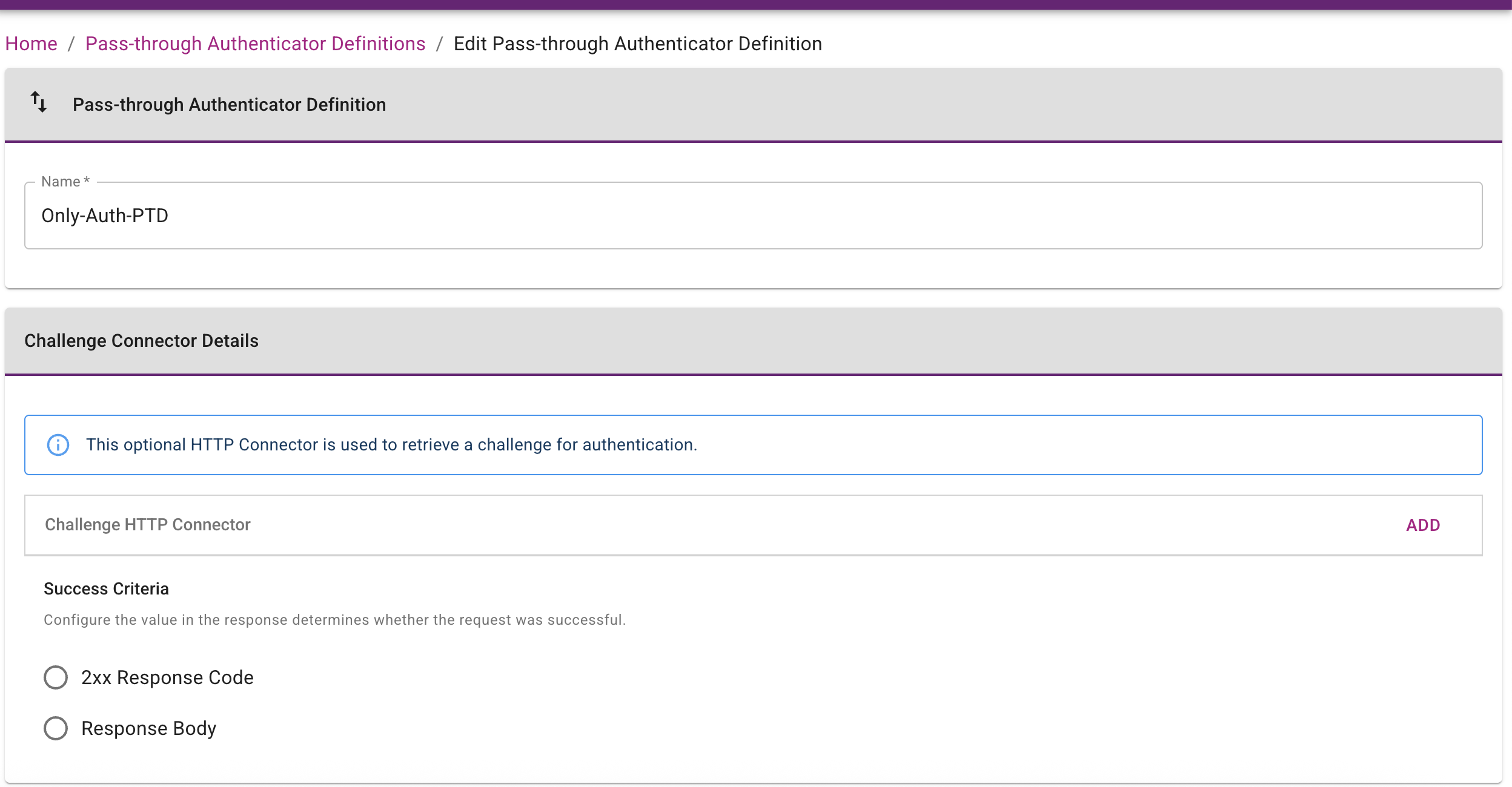 Only-Auth-PTD pass-through authentication definition page with a blank Challenge HTTP Connector field