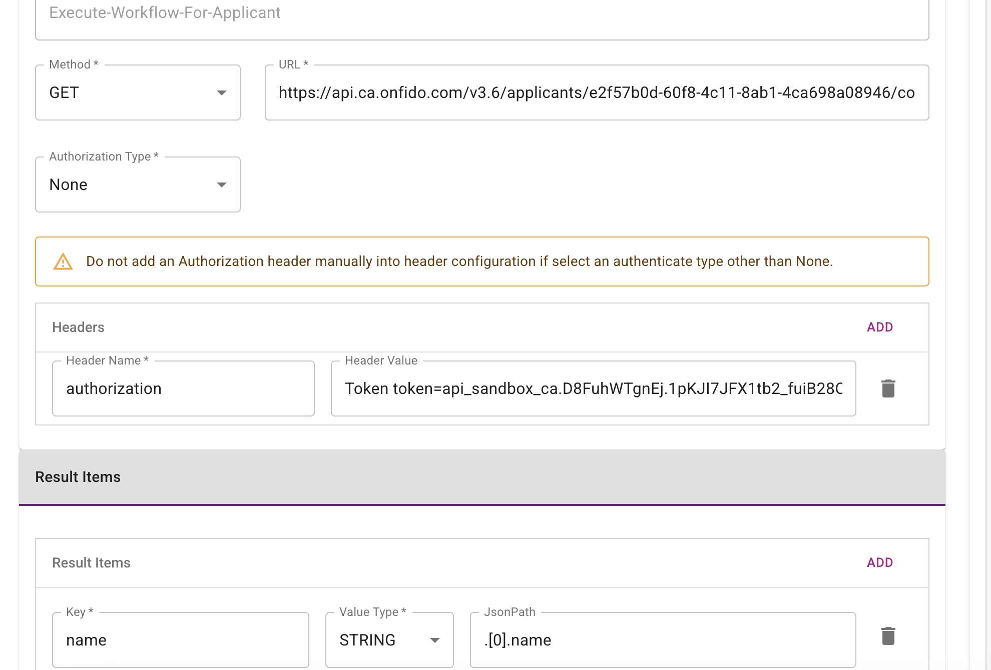 Authenticate Connector configuration showing the Entrust IDV create workflow run API and result items