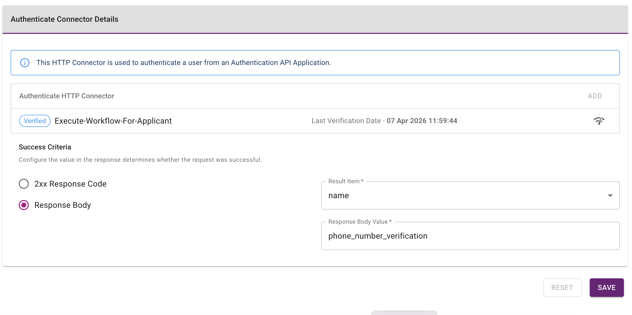 Authenticate Connector Success Criteria configuration for the Onfido-Challenge-And-Authenticate-PTD definition