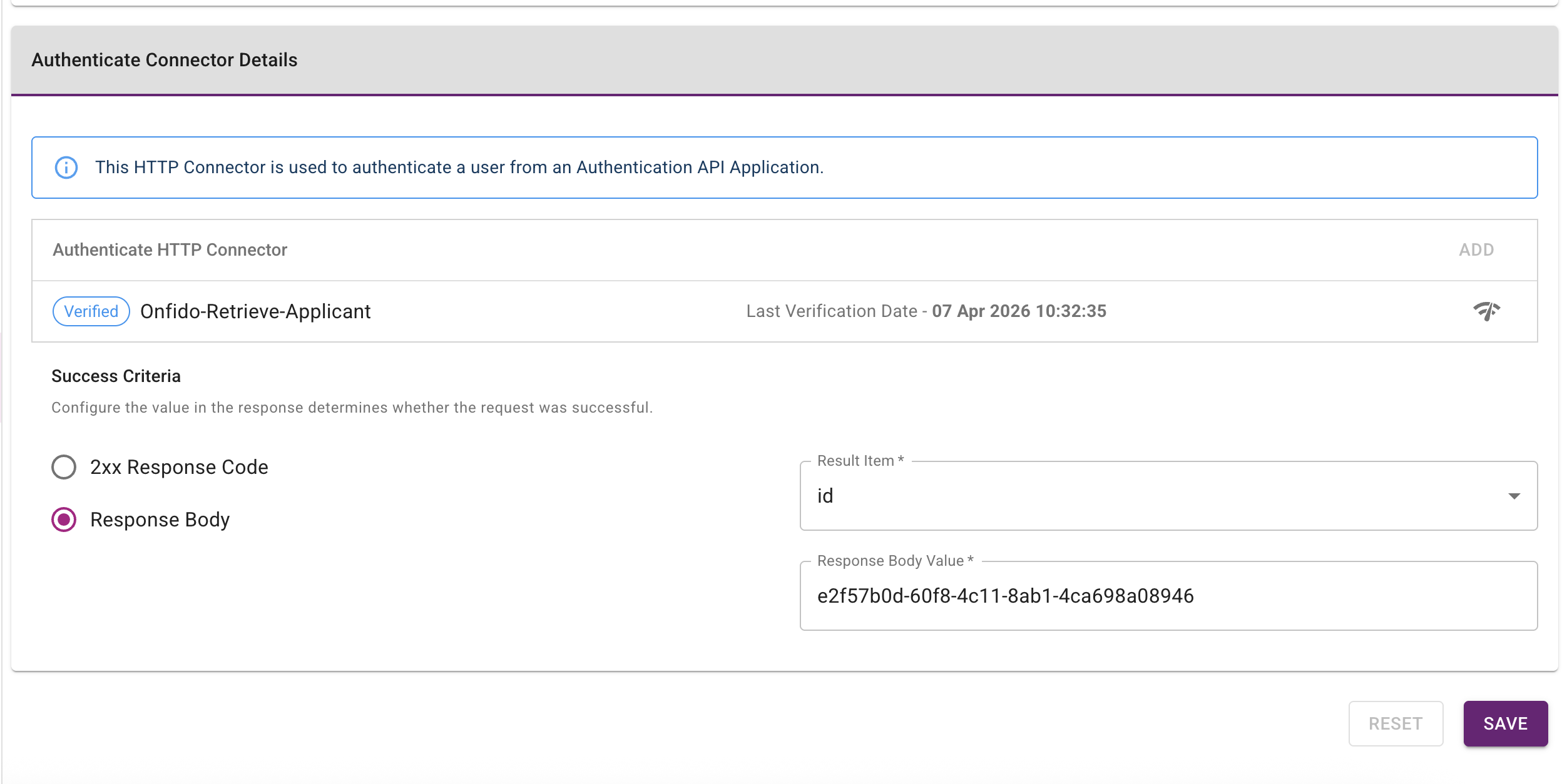 Challenge Connector Success Criteria configured to compare the applicant ID result item
