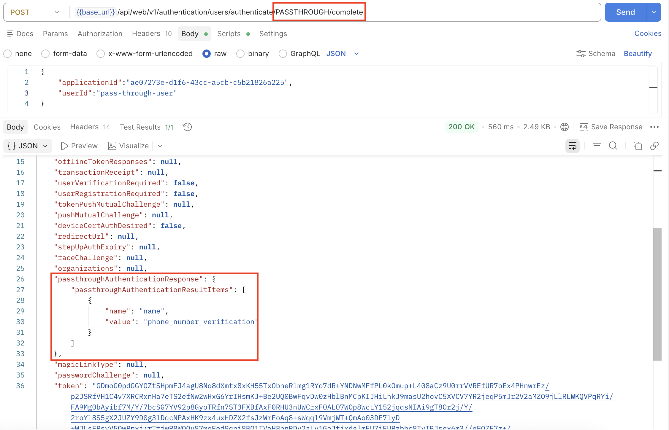 User Authenticate API response showing PassthroughAuthenticationResultItems with name