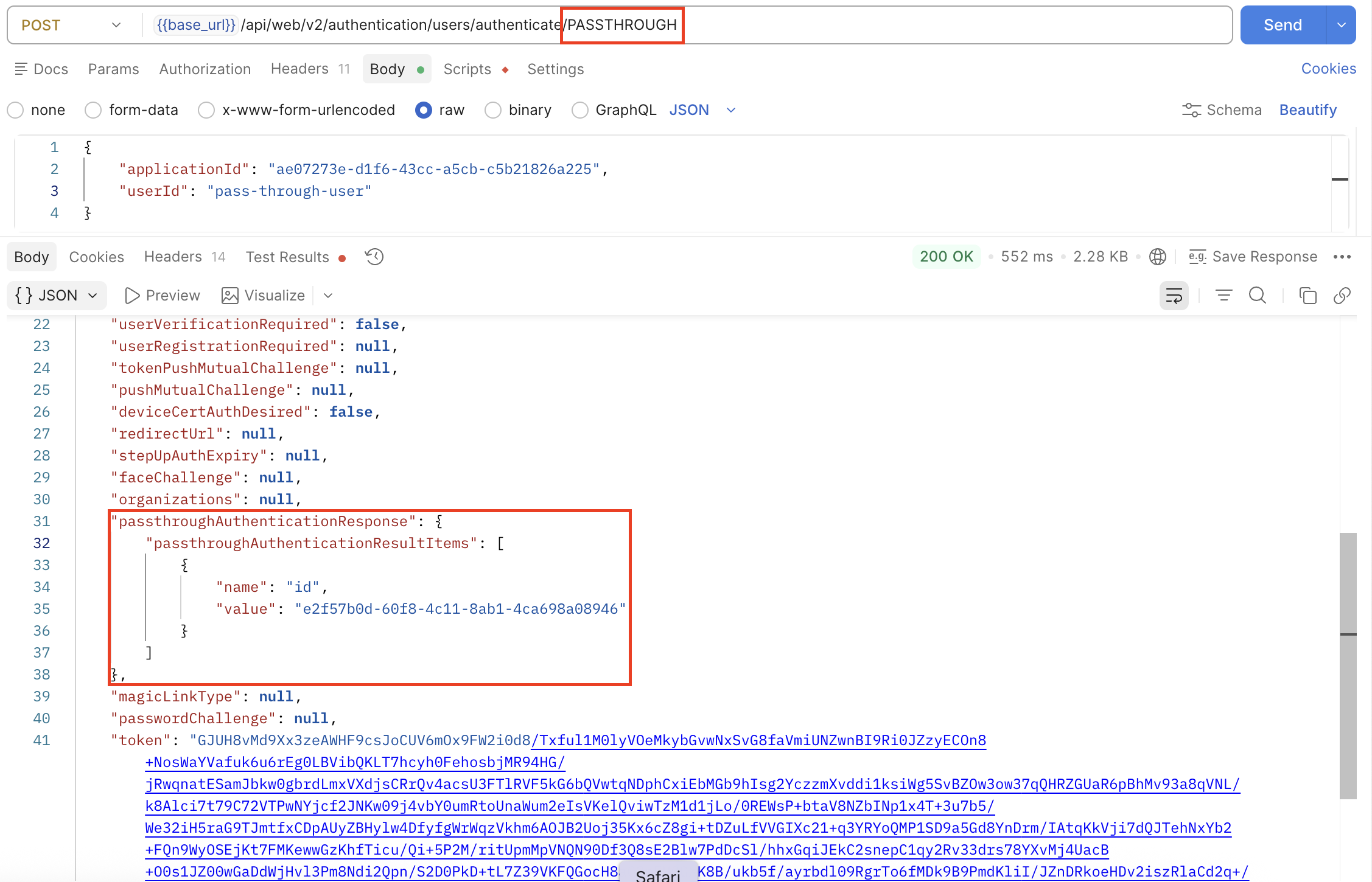 User Challenge API response showing PassthroughAuthenticationResultItems with applicant id