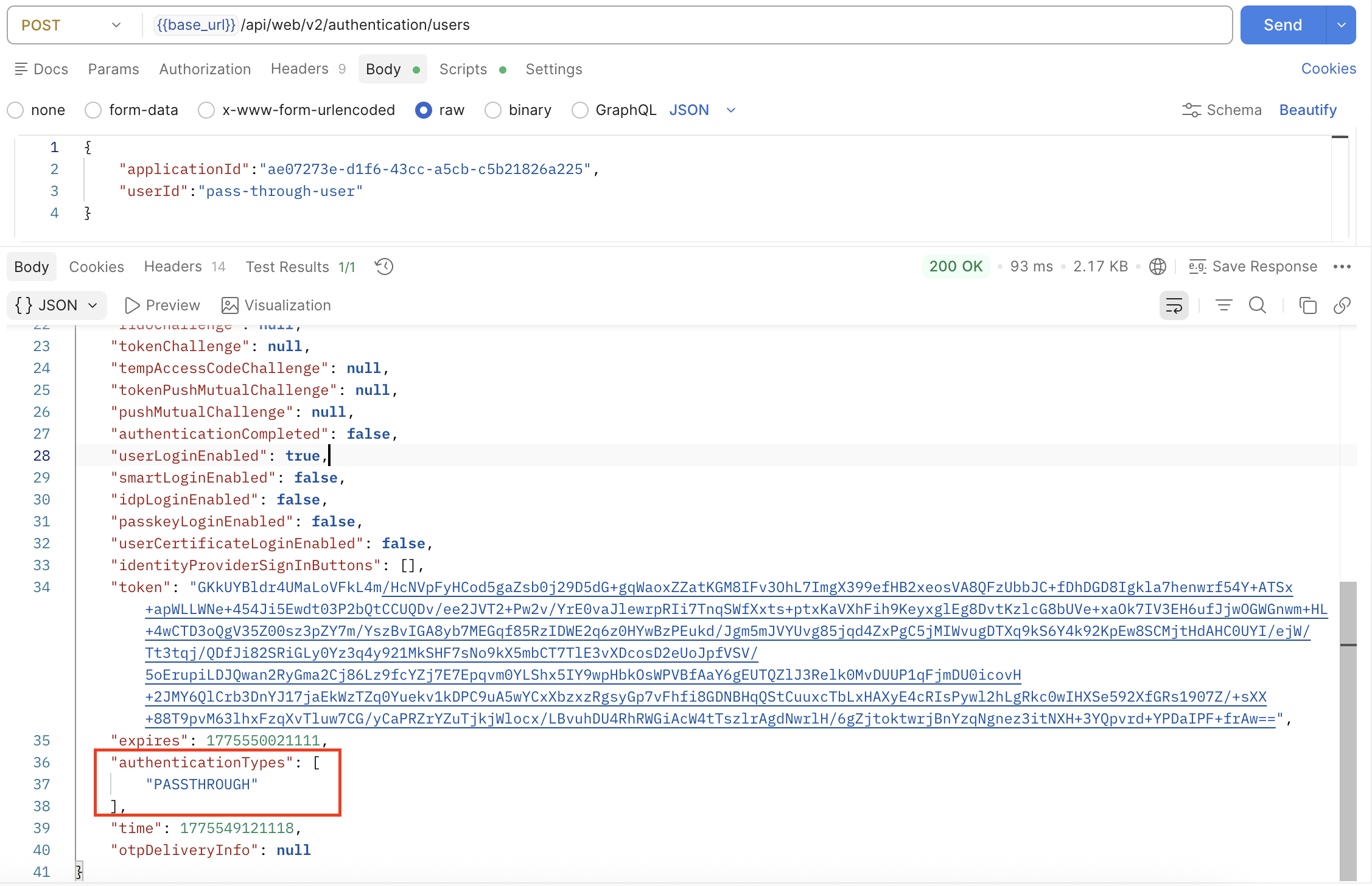 Query API response showing PASSTHROUGH in the authenticatorTypes field