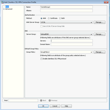 Add Clientless SSL VPN Connection Profile Page