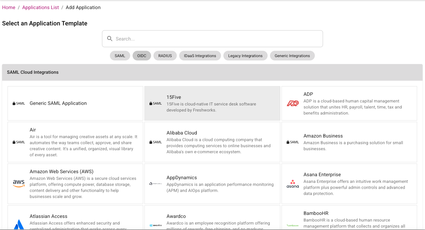 Redesigned Add Application page showing applications organized by category type