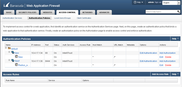Authentication Policies Page