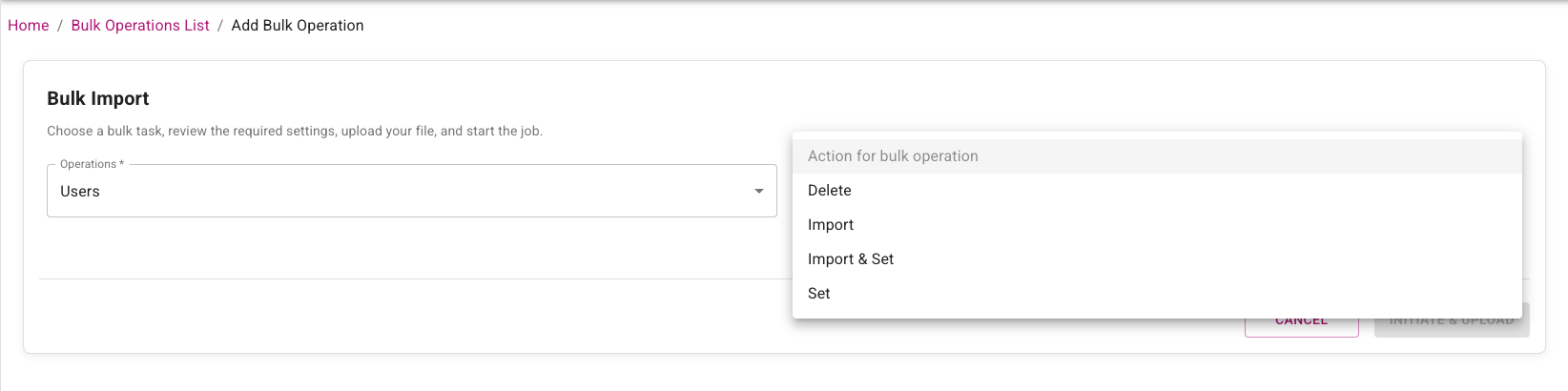 Updated Add Bulk Operations page showing entity type selection before action selection