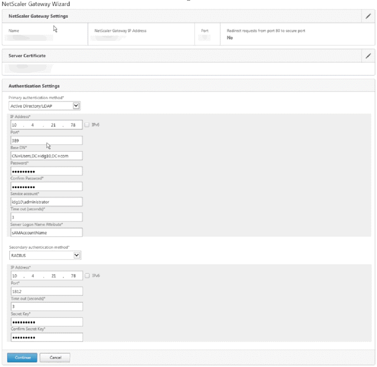 Citrix NetScaler Authentication Settings