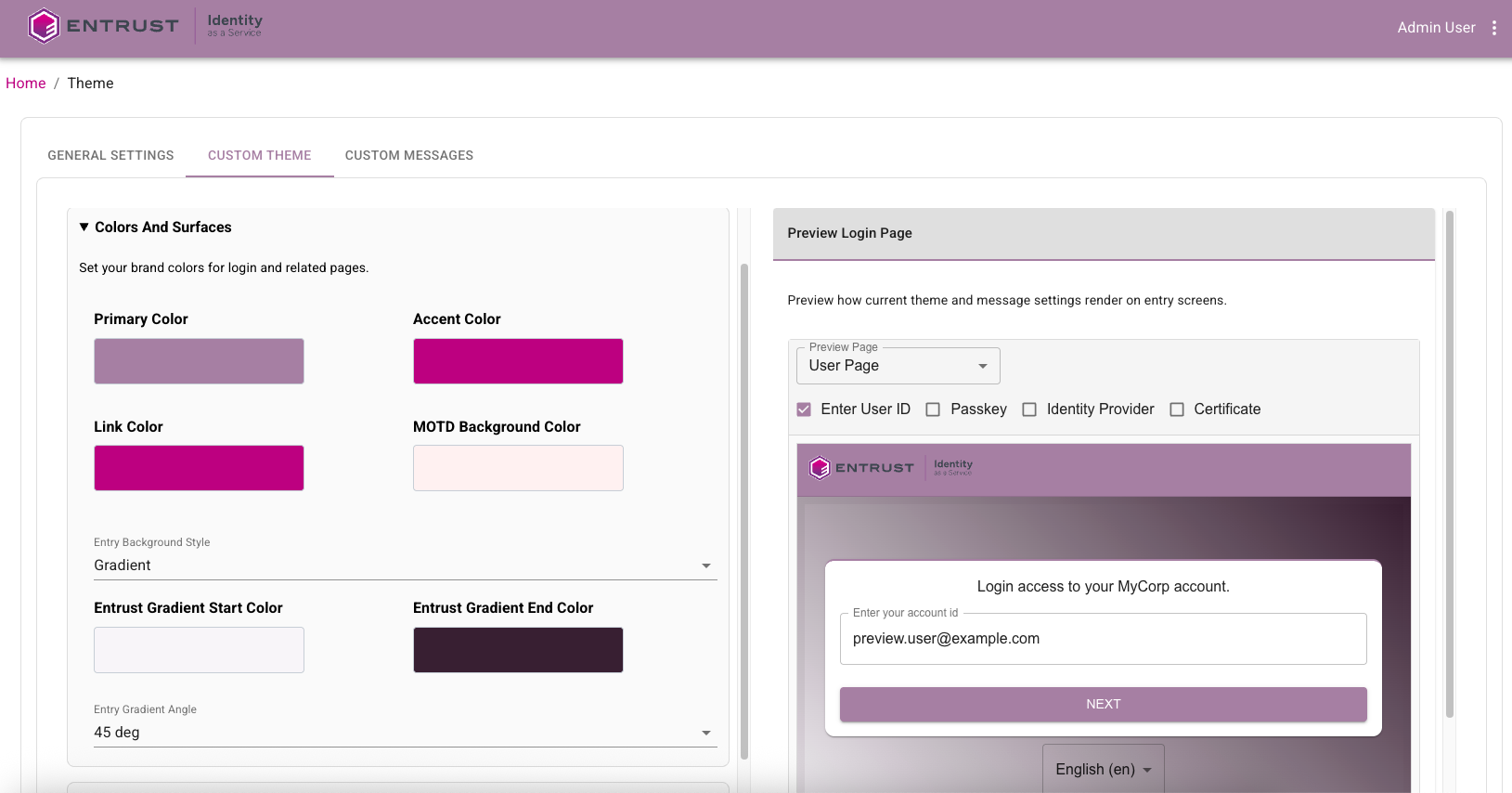Theme color customization configuration showing brand color controls