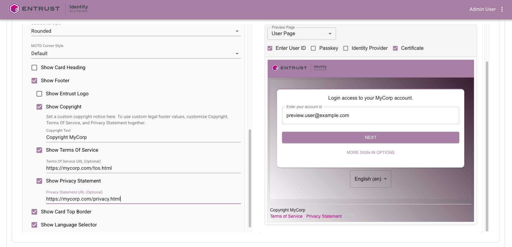 Footer and legal notice customization showing copyright and legal link controls