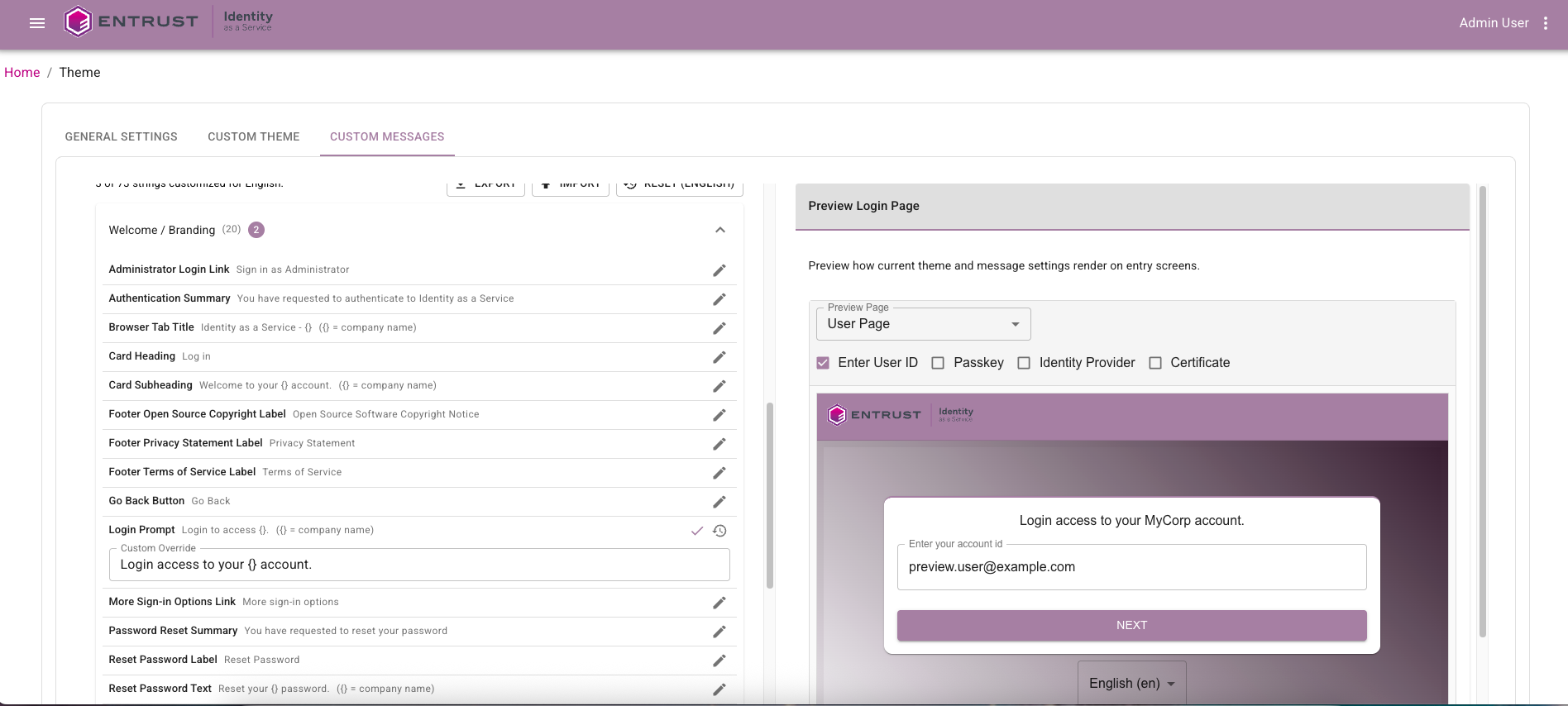 Custom page text configuration showing user-facing text controls