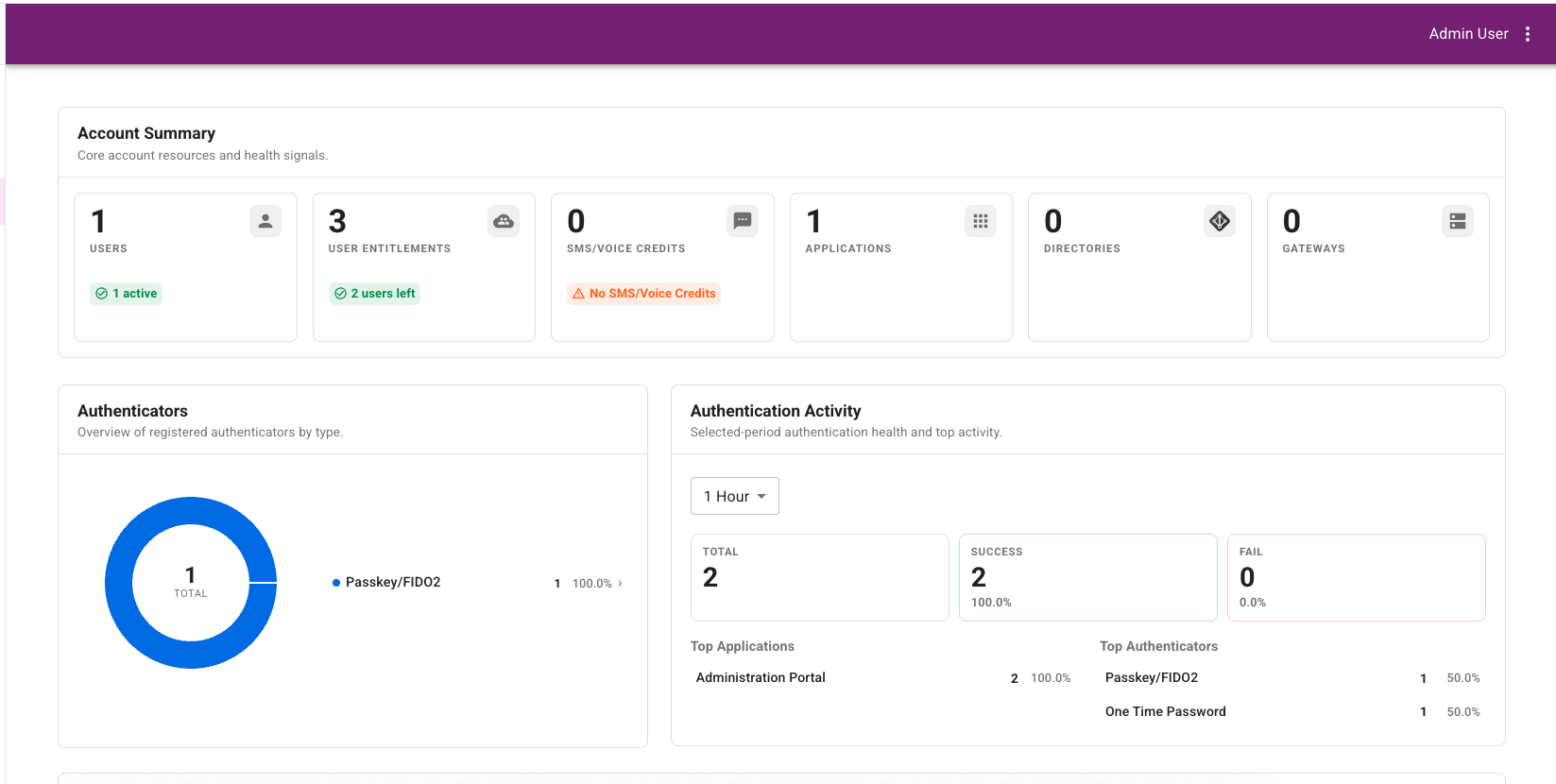 Dashboard authentication activity panel showing key statistics