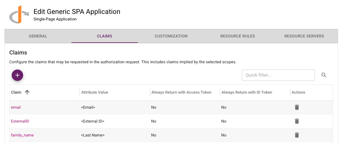OIDC application claims configuration showing external ID mapping