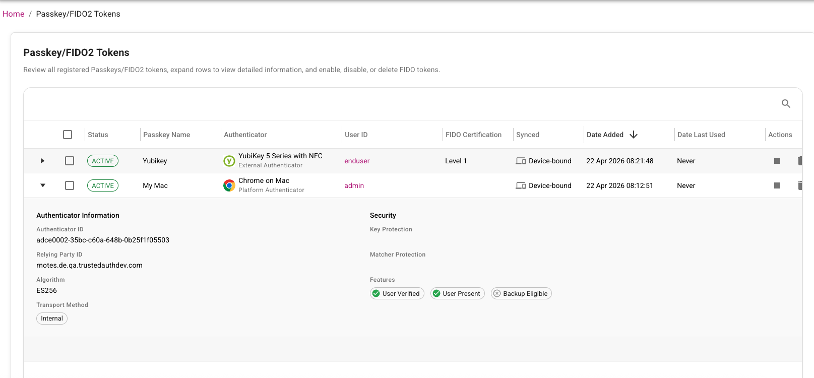 Passkey attestation page showing registered passkeys with attestation details and trust status