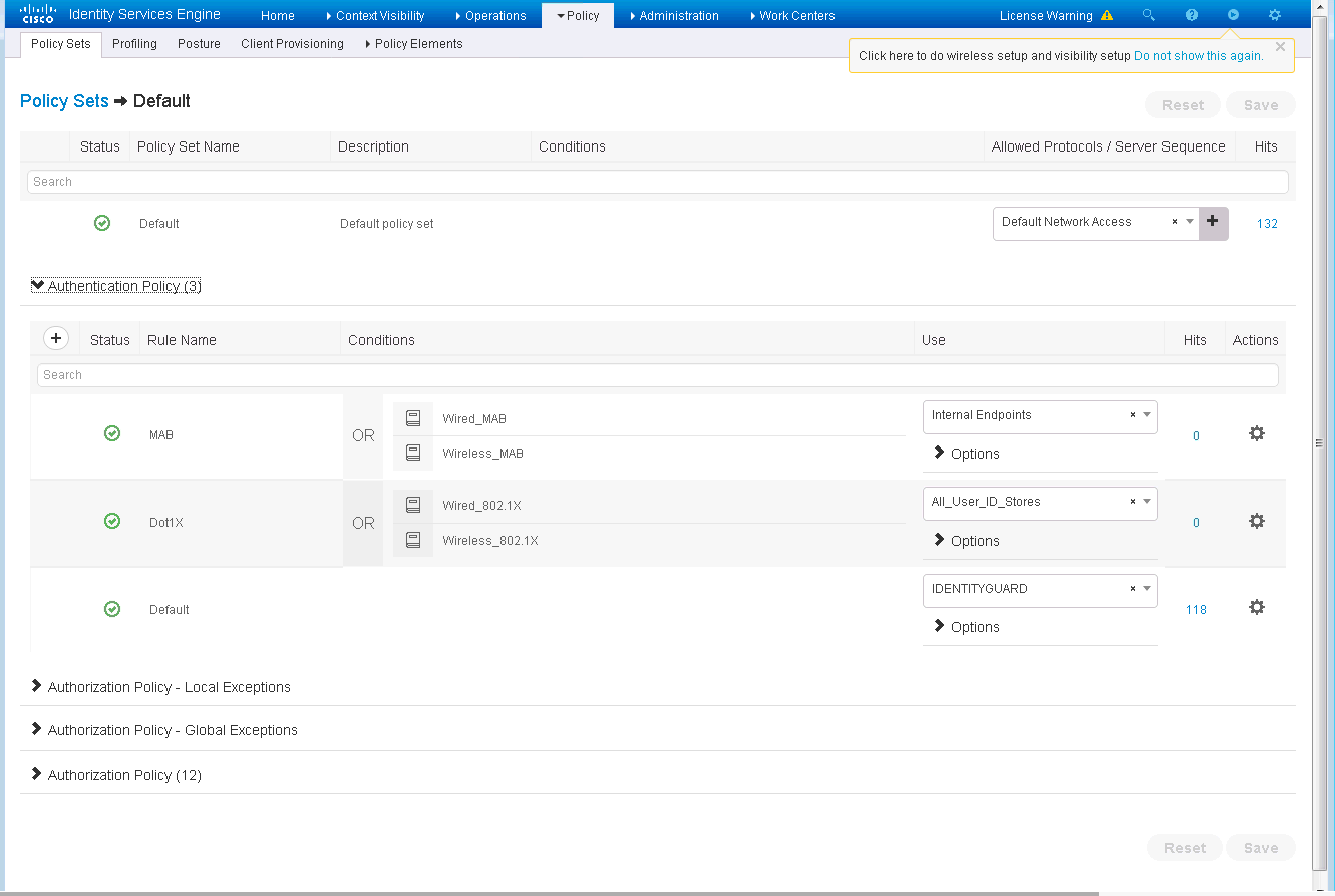 Policy Sets Default Page