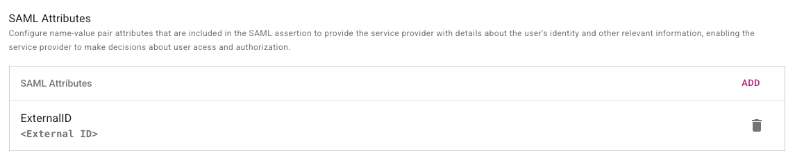 SAML application attribute configuration showing external ID mapping