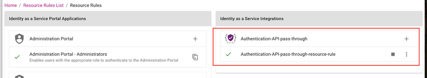 Authentication API and resource rule configured to use the custom pass-through authentication flow