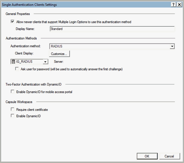 Single Authentication Client Settings