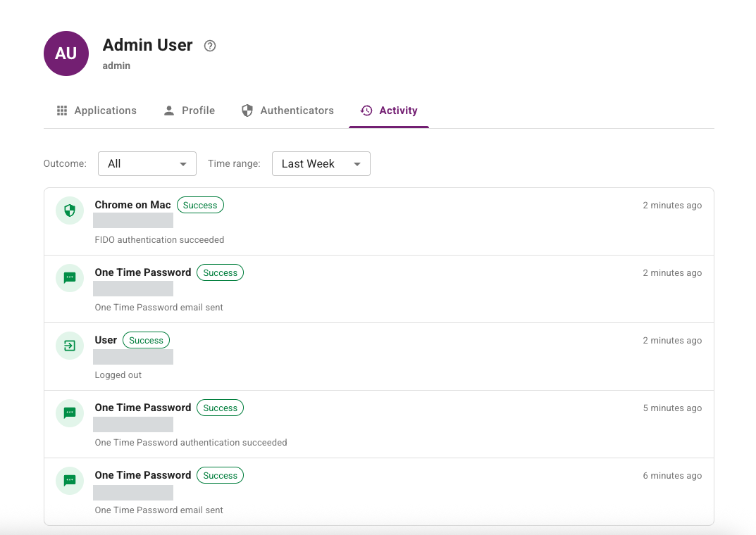 User portal activity view showing timeline and filters