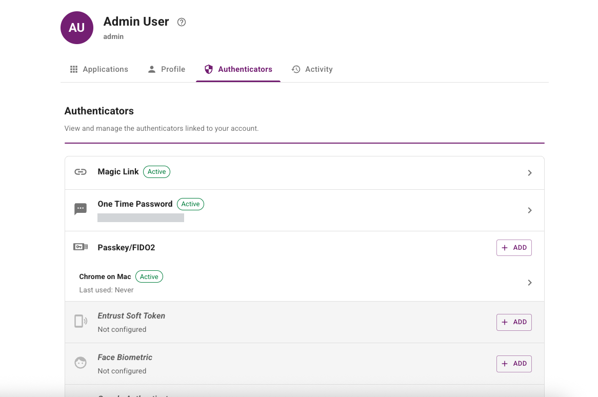 User portal authenticators view showing registered authenticators
