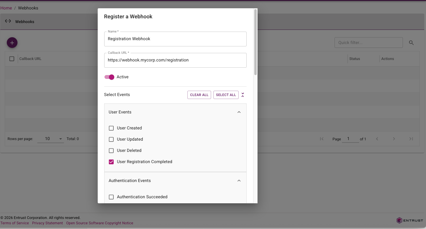 Webhook configuration page showing registering a webhook for user registration events